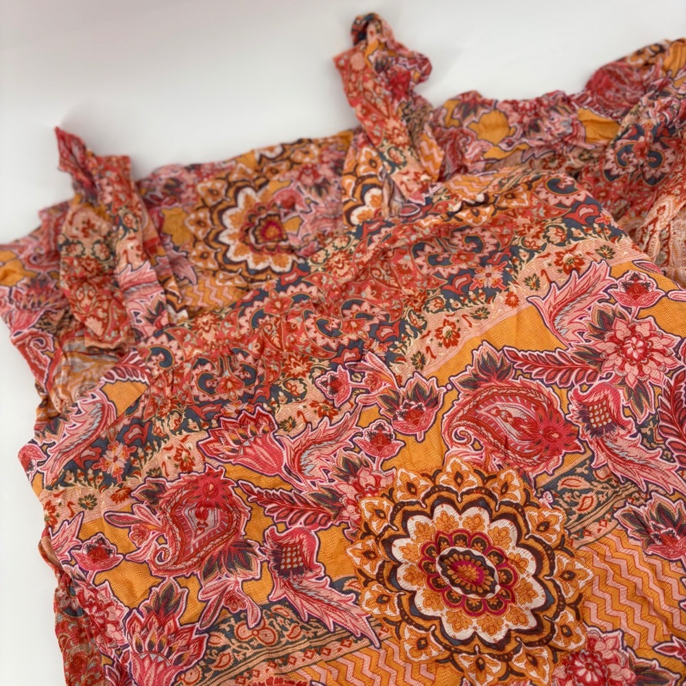 Knox Rose Orange Paisley Floral Ruffle Strap Tiered Maxi Dress Womens Medium NEW